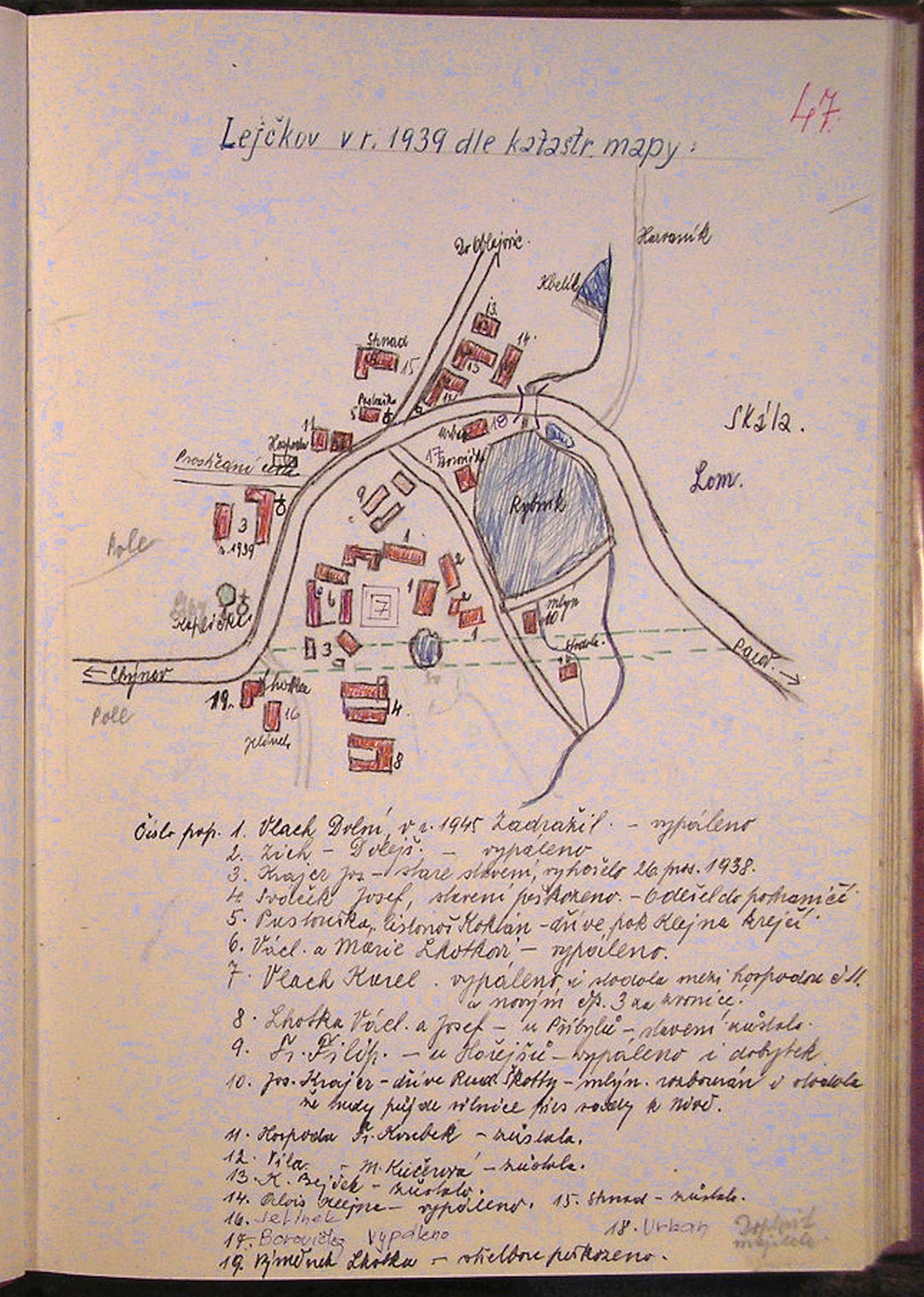 Plánek obce Lejčkov 1945