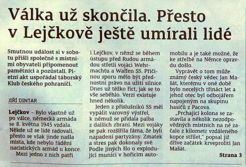 Článek v Táborském deníku na titulce, úvod článku